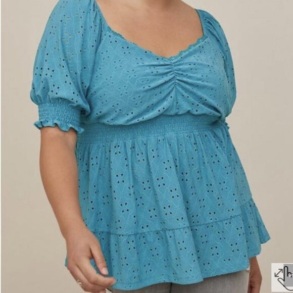 Torrid Eyelet Smocked Waist and Sleeve Sweetheart Top Size 1X Turquoise Babydoll - Picture 11 of 11